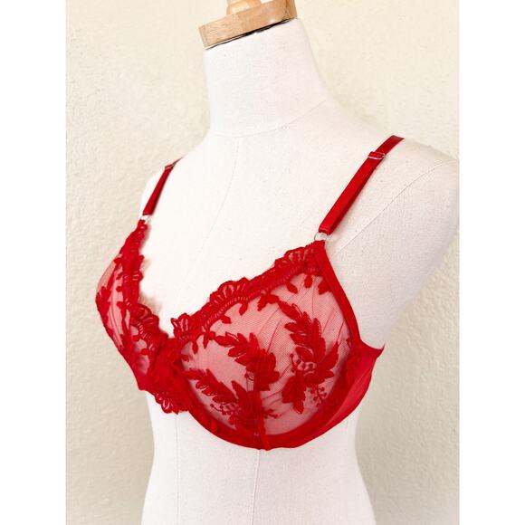 Red Lace Underwire Sheer Bra size Large - Picture 2 of 4